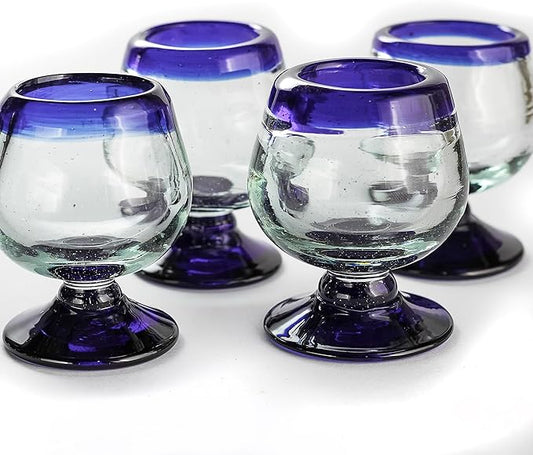 Authentic Mexican Tequila Hand Blown Shot Glasses - Set of 4-2 oz - Mini Glass Snifters - Heavy Base - Cognac (Cobalt Blue Rim)