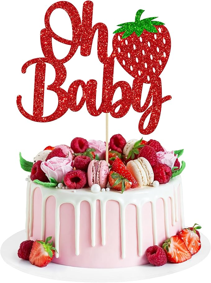 1 Pack Sweet Oh Baby Cake Topper Glitter Oh Baby Strawberry Cake Pick Fruit Berry Cake Decoration for Summer Strawberry Baby Shower Kids Birthday Party Supplies Red