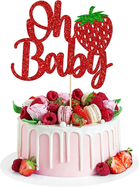 1 Pack Sweet Oh Baby Cake Topper Glitter Oh Baby Strawberry Cake Pick Fruit Berry Cake Decoration for Summer Strawberry Baby Shower Kids Birthday Party Supplies Red