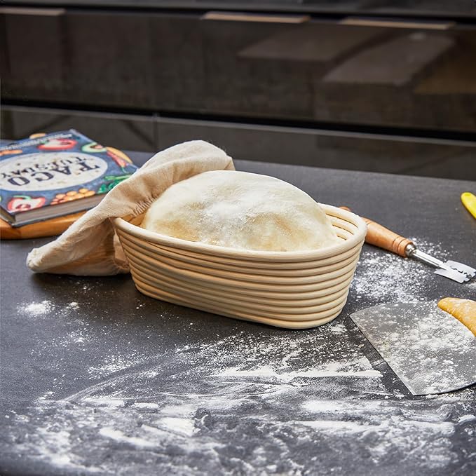 Sourdough Baking Supplies Set of 5, Oval 10 Inch Banneton Bread Proofing Basket with Bread Lame, Danish Dough Whisk with Stainless Steel, Dough Scraper Kit, Bowl Scraper ??Baking Gift Kit