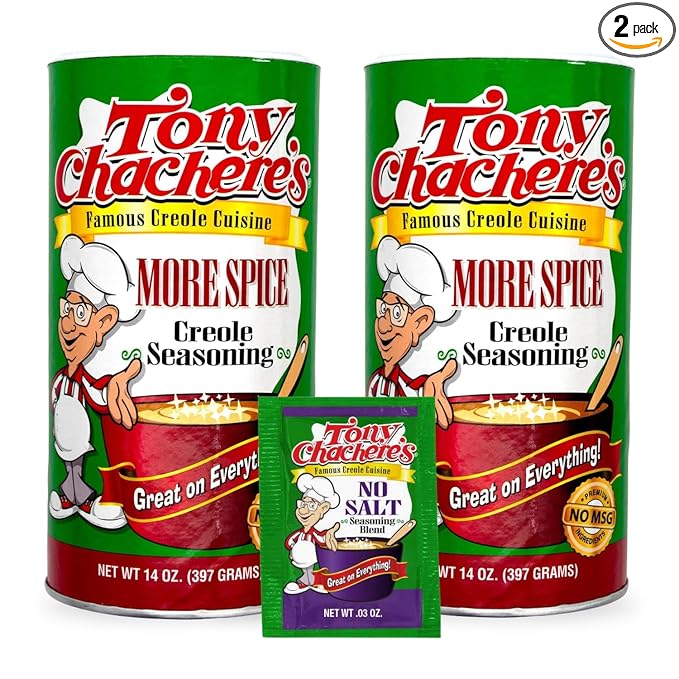 Tony Chachere's Creole and Cajun Seasoning Canisters (2 Pack + Packet) (2 Pack, More Spice with No Salt Packet)