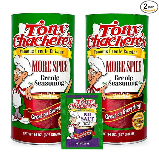 Tony Chachere's Creole and Cajun Seasoning Canisters (2 Pack + Packet) (2 Pack, More Spice with No Salt Packet)