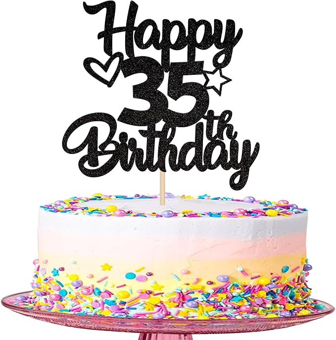1 Pack Happy 35th Birthday Cake Topper Glitter Heart Star 35 Fabulous Cake Pick Birthday Sign Cake Decorations for Children 35th Birthday Theme Party Supplies Black