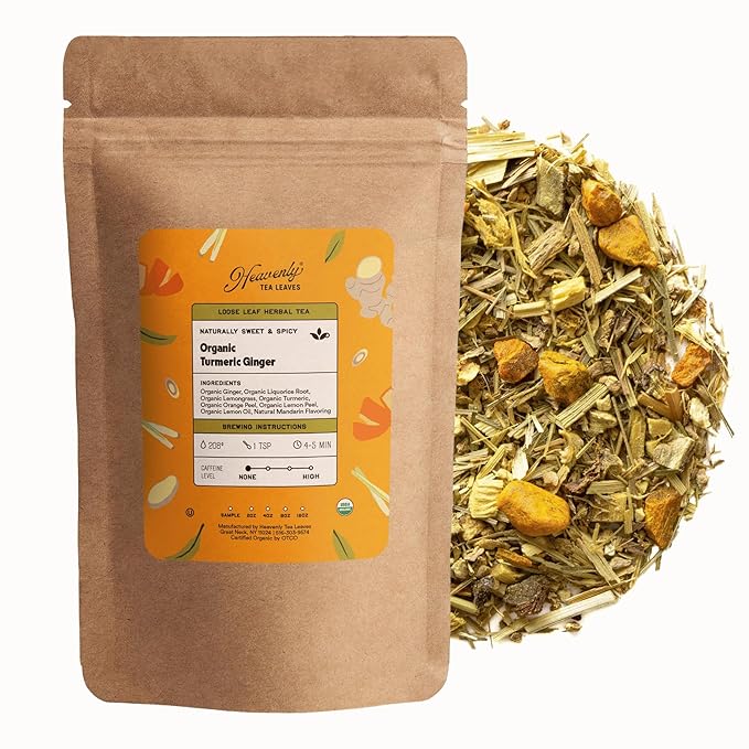 Heavenly Tea Leaves Organic Turmeric Ginger, Loose Leaf Herbal Tea, 4 oz. (Approx. 50 Cups of Tea) - Naturally Caffeine Free, Perfect Hot or Iced, Immune Boosting