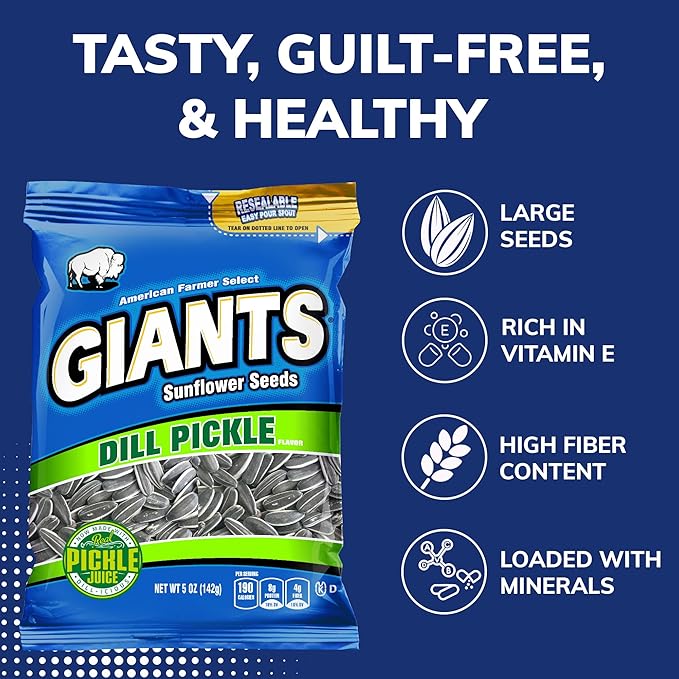 GIANTS Dill Pickle Sunflower Seeds - Sunflower Seeds Bulk, Big Sunflower Seeds to Eat, Roasted & Salted Sunflower Seeds for Eating, Pickle Flavor, 8g Protein Per Serving - 5 oz Bag (Pack of 3)