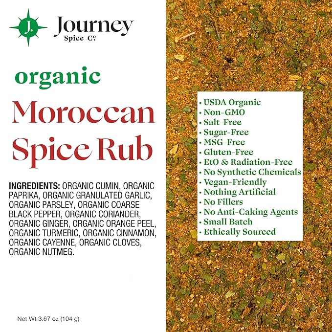 Organic Moroccan Spice Rub by Journey Spice Co. | Salt-Free, Sugar-Free, MSG-Free, Non-GMO | Natural Mediterranean Seasoning Blend | Chicken, Poultry, Fish, Meat, Shawarma, Vegetable Rub | 3.67 oz. | Resealable/Reusable Cap
