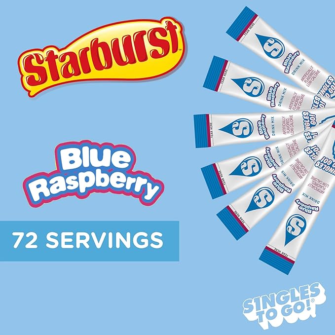 Starburst Singles To Go Powdered Drink Mix, Blue Raspberry, 6 Count (Pack of 12) - 72 Total Servings), Sugar-Free Drink Powder, Just Add Water,
