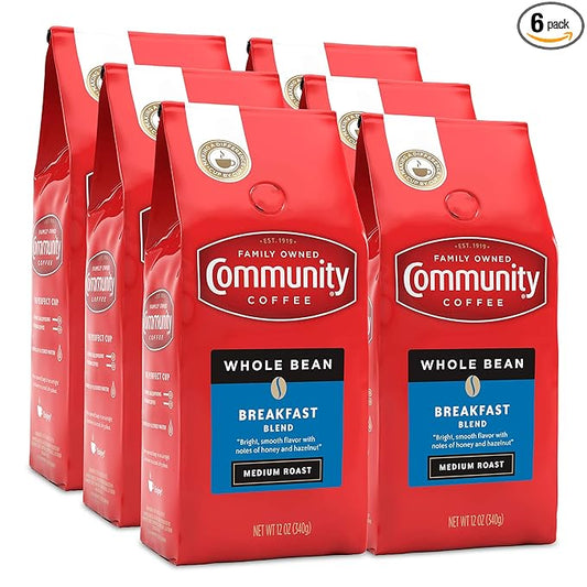 Community Coffee Breakfast Blend Whole Bean Coffee, Medium Roast, 72 Ounce (12 Ounce Bags, Pack of