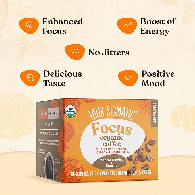 Four Sigmatic Focus Organic Mushroom Coffee | Instant Mushroom Coffee Mix with Lion's Mane, Chaga and Rhodiola for Better Focus and Immune Support | 10 Packets