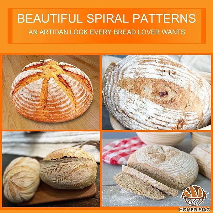 Banneton Bread Proofing Basket Set of 2, 9 Inch Round &10 Inch Oval Sourdough Bread Baking Suppliest, with Linen Liner,Danish Whisk,Bread Lame,Doung Scarper, Cleaning Brush for Bread Baking