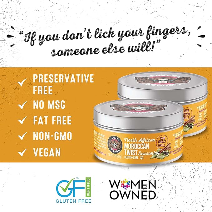 Sauce Goddess - Moroccan Twist Fresh Spice Blend - Vegan, Gluten-Free, No Sugar, Low Sodium Seasoning for Lamb, Chicken, Salmon - 1.75oz (2 Tin Cans)