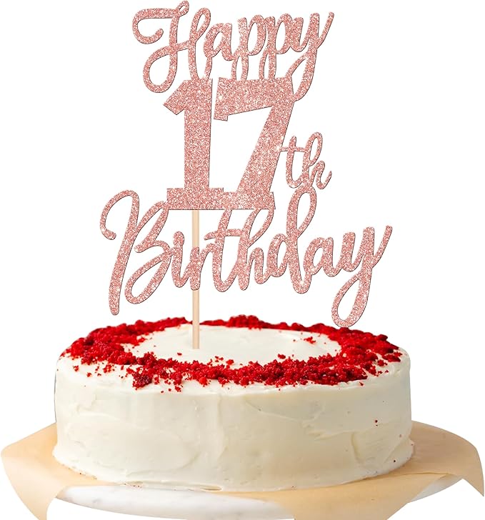 1 PCS Happy 17th Birthday Cake Topper Glitter Cheers to 17 Years Birthday Cake Pick Seventeen Hello 17 Cake Decoration for Happy 17th Birthday Anniversary Theme Party Decorations Rose Gold