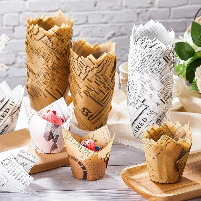 800 Pcs Tulip Cupcake Liners Baking Cups Muffin Baking Cupcake Liners Wrappers Greaseproof Tulip Cups Holders for Party Wedding Birthday Baby Showers(Newspaper,Retro Style)