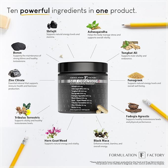 Self Obsessed 10 in 1 Masculinity Maximizer Supplement, Shilajit for Men, Tongkat Ali 120 Count (Pack of 3)