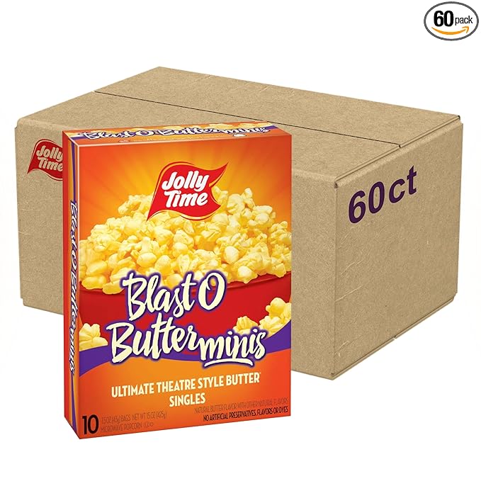 Jolly Time Blast O Butter, Ultimate Movie Theater Butter Microwave Popcorn, 1.5oz Personal Bag, 10 Bags Per Carton (Blast O Butter Minis,1.5 Ounce (Pack of 60))