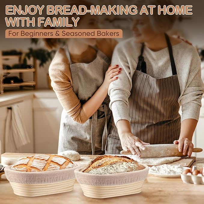 TeamFar Bread Proofing Basket Set of 2, Sourdough Bread Baking Supplies, 10 Inch Oval Proofing Baskets for Sourdough Bread Baking, Proofing Bowls with Liner for Dough Fermentation