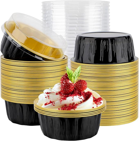 EUSOAR Dessert Cups with Lids, 100pcs 9oz Black Disposable Creme Brulee Ramekins, Cake Storage Container Bakery Cheesecakes Muffins Pie Round Holders Cups Pans for Wedding Birthday Theme Party