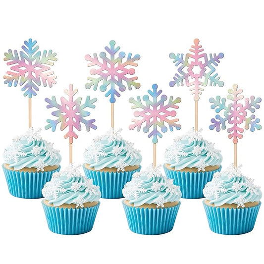 24 PCS Snowflake Cupcake Toppers Glitter Frozen Snowflake Cupcake Picks Winter Wonderland Cake Decorations for Baby Shower Kids Birthday Christmas Party Supplies Silver Colorful