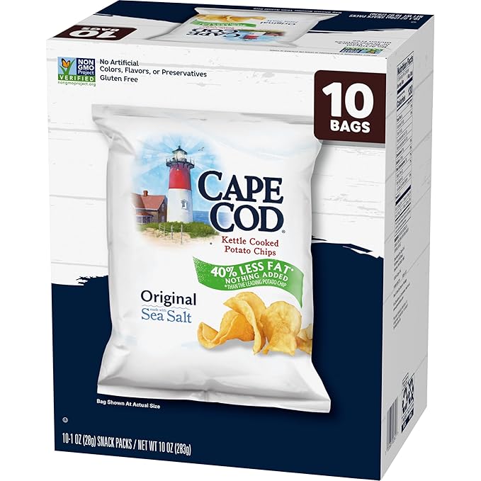Cape Cod Potato Chips, Less Fat Original Kettle Chips, 1 Oz Snack Bags, 10 Ct