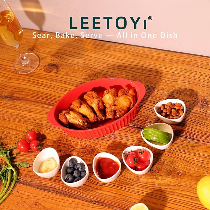 LEETOYI Porcelain Small Oval Au Gratin Pans,Set of 4 Baking Dish Set for 1 or 2 person servings, Bakeware with Double Handle for Kitchen and Home, Red