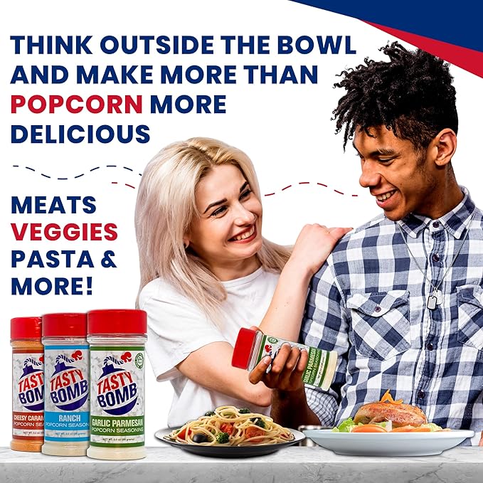Flavorful Popcorn Seasoning Variety Pack ??6 Seasonings in White Cheddar Cheese, Ranch, Garlic Parmesan & More ??Gluten-Free Keto Snack for Movie Nights & Gifts by Tasty Bomb, 2.8-3 Oz.