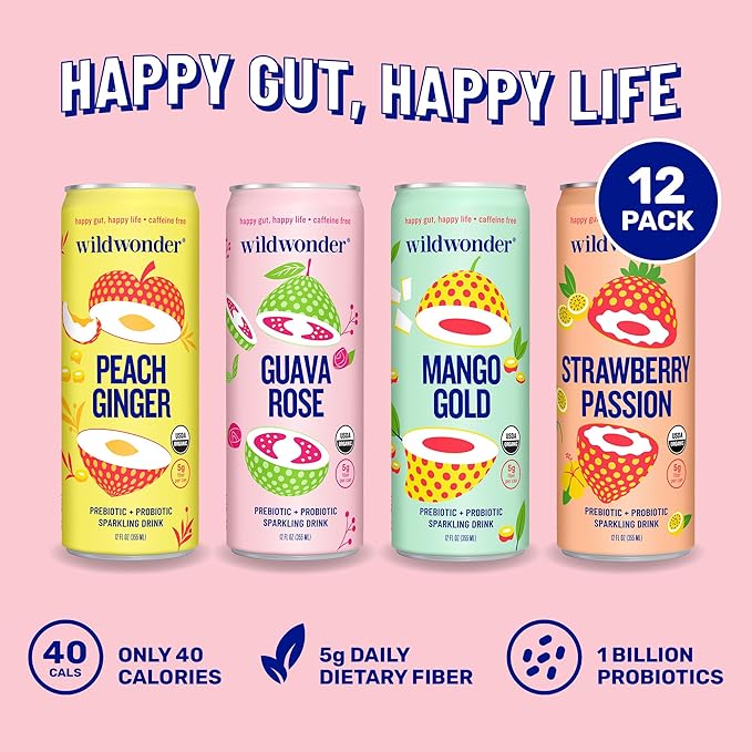 wildwonder Sparkling Probiotic Drink 12pk, For Gut Health & Immune Support, Classic Variety Pack, 5g Prebiotic Fiber, Live Probiotics, Organic, Vegan, Low Sugar, 12 Pack, 12oz Can, Seen on Shark Tank