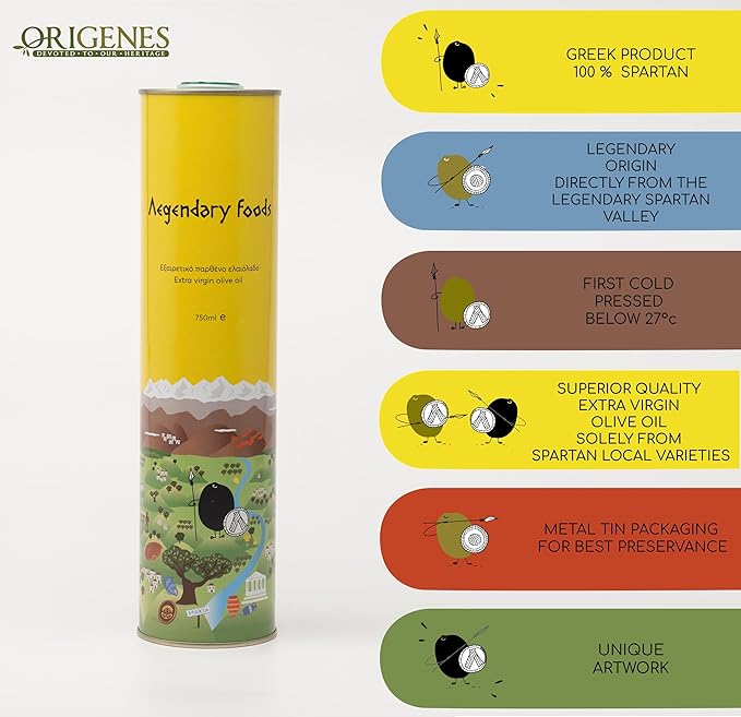 Extra Virgin Olive Oil Tin, Great Taste Cold Pressed, Fruity Flavor, Polyphenol Rich Olive Oil from the Land of Sparta 750ml Tin
