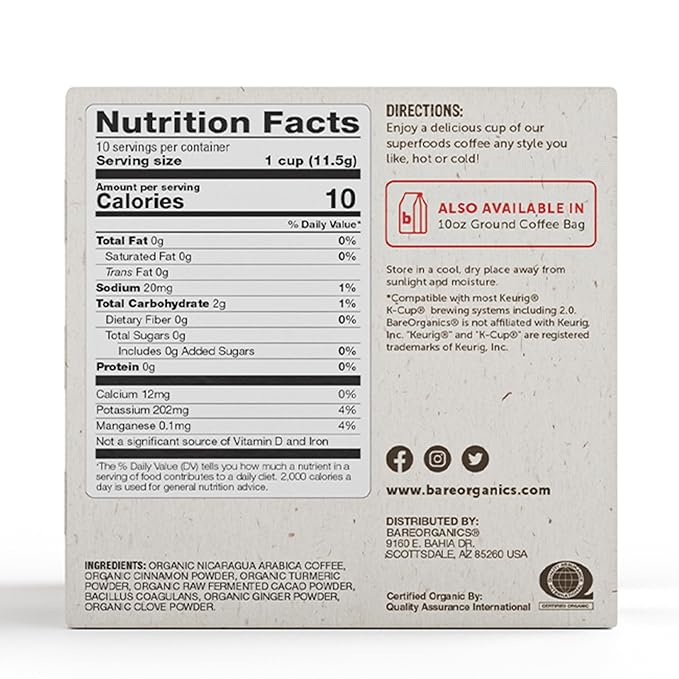BareOrganics 13313 Cardio Care USDA Organic Coffee Pods, Compatible Organic Coffee Pods, Infused with Superfoods & Probiotics, Vegan Friendly, Gluten Free, 10 Single Serve Cups