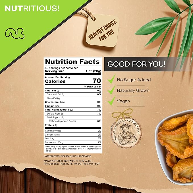 NUT CRAVINGS - Sun Dried California Pears, No Sugar Added, Unsweetened (80oz, 5 LB, Bulk) Bulk Dry Fruits Packed Fresh in Resealable Bag - Sweet Healthy Snack, Naturally Grown, Vegan, Kosher