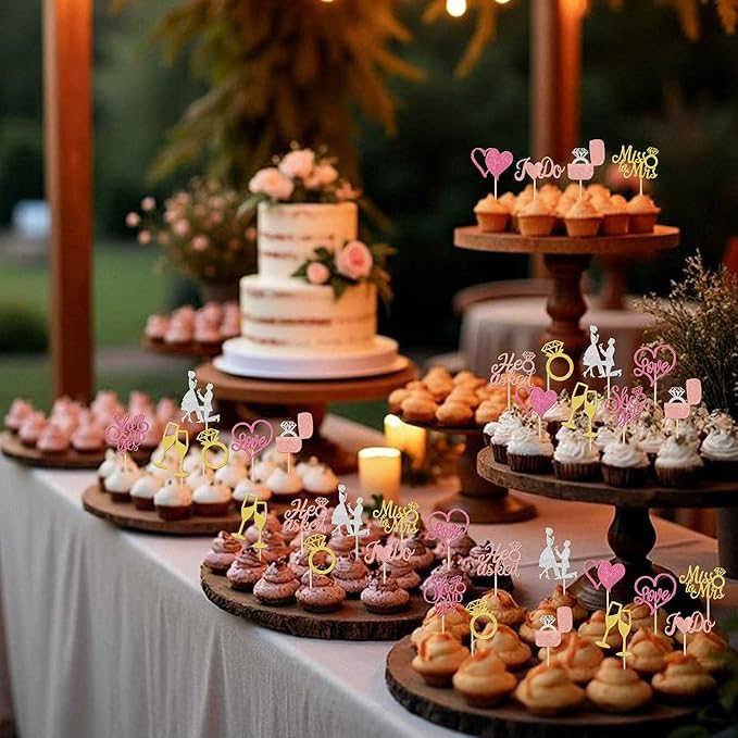 30 PCS He Asked She Said Yes Cupcake Toppers Glitter Miss to Mrs I Do Love Heart Ring Cupcake Picks Wedding Engagement Cake Decorations for Wedding Engagement Bridal Shower Party Supplies Colorful