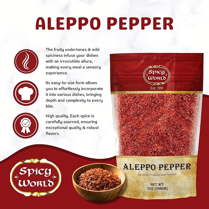 Spicy World Aleppo Pepper Flakes 7 oz | Authentic Turkish Chili Spice for Exquisite Heat & Flavor | Premium Crushed Chili Pepper from Halaby Region | Popular in Turkish & Middle Eastern cooking