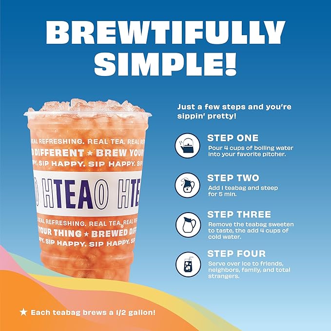 HTeaO Georgia Peach & Hibiscus Black Tea – Texas-Style Flavored Iced Tea Bags for Summer – Instant Ice Tea Packets for Quick Brew - Loaded Tea Sachets Ready in 5 Minutes (8-Count, Makes 4 Gallons Total)