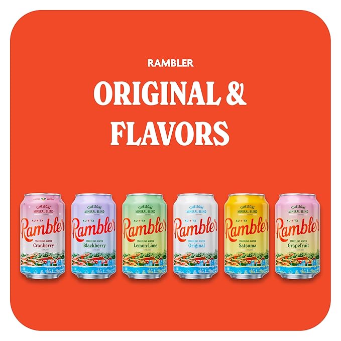 AUTX RAMBLER Sparkling Water, Texas Limestone Mineral Blend, Variety Pack (Original, Lemon-Lime, Grapefruit), 12-Ounce Cans, One 8-Pack Each x 3 Flavors (24 Cans Total)