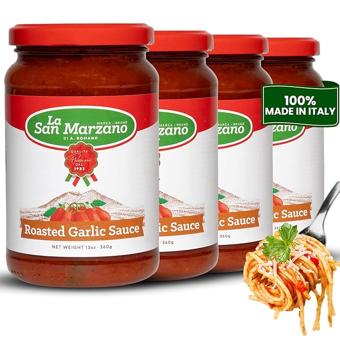La San Marzano Roasted Garlic Sauce, 13 oz, Pasta Sauce Made in Italy, All Purpose Tomato Premium Quality, All Natural, Mediterranean Diet, Non GMO, Vegan, Gluten Free
