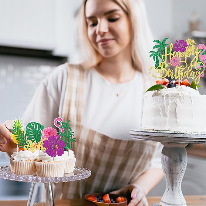 Rsstarxi 25 Pack Tropical Luau Cupcake Toppers with Happy Birthday Flamingo Cake Topper Palm Tree Flamingo Pineapple Cupcake Picks Decorations for Summer Beach Hawaiian Luau Birthday Party Decoration