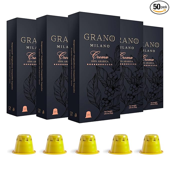 Grano Milano Crema - 50 Espresso Pods Compatible with Nespresso Original line, 100% Arabica Medium Roast - Intensity 8/12, Espresso Coffee Capsules Made in Italy