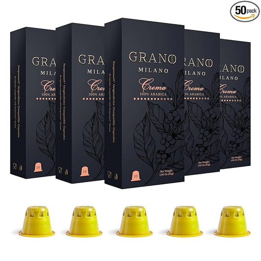 Grano Milano Crema - 50 Espresso Pods Compatible with Nespresso Original line, 100% Arabica Medium Roast - Intensity 8/12, Espresso Coffee Capsules Made in Italy