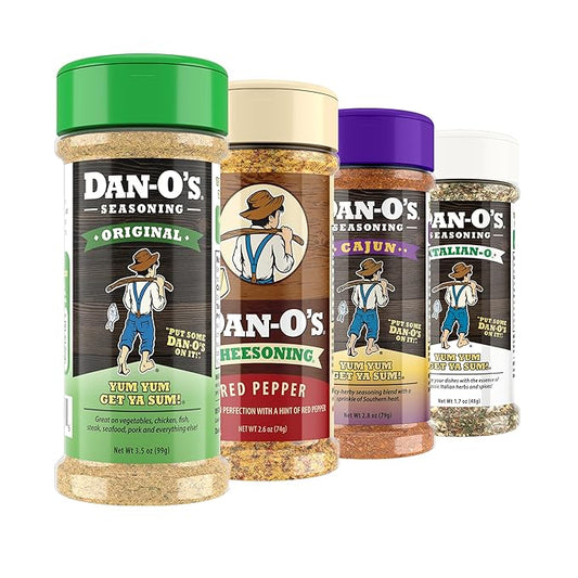 Dan-O's Seasoning - All-Purpose Seasoning & Spices for Cooking & Grilling Anything - meat, vegetables, snacks, popcorn seasoning - Small bottle 4 Pack | Red Pepper Cheesoning®, Cajun, Italian-O??& Original