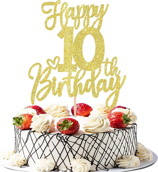 1 PCS Happy 10th Birthday Cake Topper Glitter Cheers to 10 Years Birthday Cake Pick Ten 10 Fabulous Cake Decoration for Happy 10th Birthday Anniversary Theme Party Decorations Supplies Gold