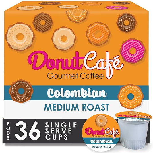Donut Café - Coffee Gourmet Pods, Colombian Blend, Medium Roast – Non-GMO, Gluten Free – Compatible with Keurig K Cup Brewers – Smooth & Delicious – 36 Count