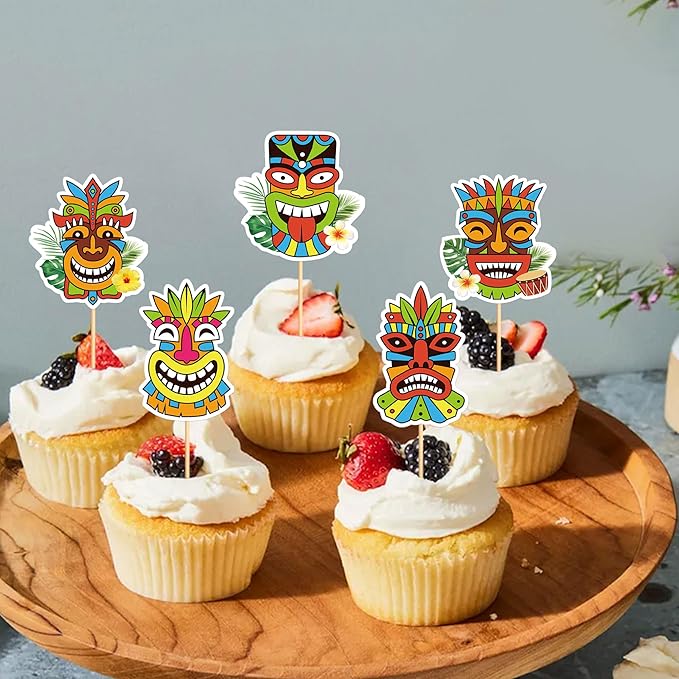 24Pcs Hawaiian Tiki Cupcake Toppers Tropical Totem Hawaiian Themed Party Decorations for Tropical Hawaii Aloha Party Supplies