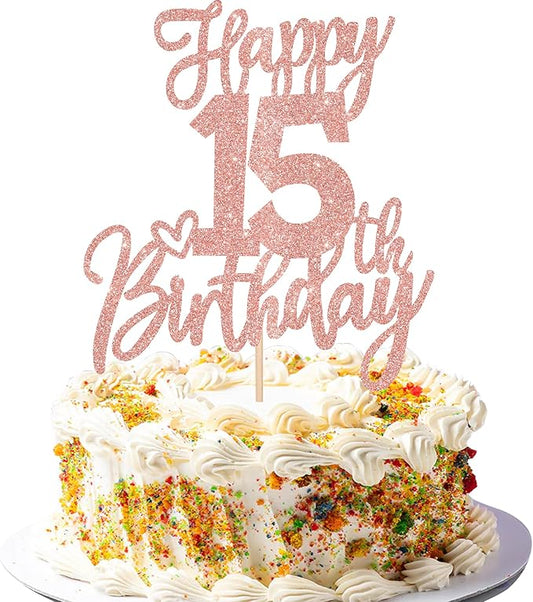 1 PCS Happy 15th Birthday Cake Topper Glitter Cheers to 15 Years Birthday Cake Pick Sweet 15 Fabulous Cake Decorations for Happy 15th Birthday Anniversary Theme Party Supplies Rose Gold