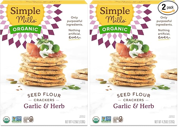 Simple Mills Organic Seed Crackers, Garlic & Herb - Gluten Free, Vegan, Healthy Snacks, Paleo Friendly, 4.25 Ounce (Pack of 2)