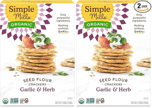 Simple Mills Organic Seed Crackers, Garlic & Herb - Gluten Free, Vegan, Healthy Snacks, Paleo Friendly, 4.25 Ounce (Pack of 2)