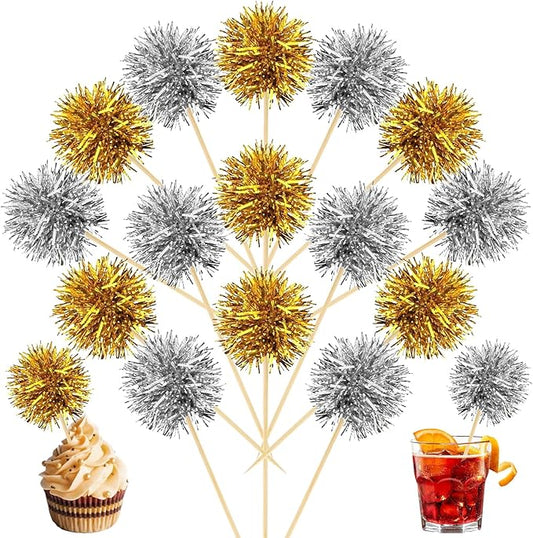 MEMOVAN Foil Firework Cupcake Toppers 100PCS Sparkle Tinsel Cake Toppers Tinsel Drink Stirrer Gold Silver Cake Cupcake Decoration Cocktail Picks for Birthday Wedding Graduation Party Sipplies