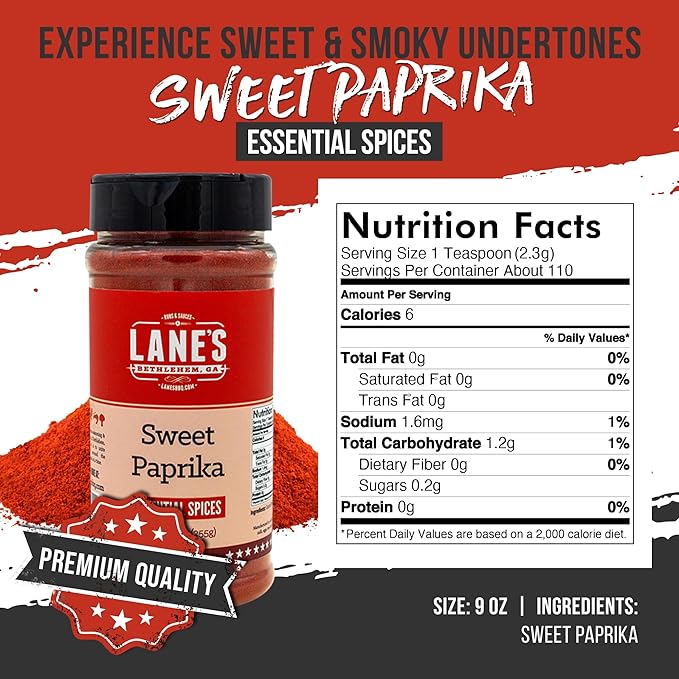 Lane's Sweet Paprika Powder, All-Natural Smoked Paprika Sweet, Great for Chicken, Meat, and Vegetables. Paprika Seasoning Rub, Made in USA, 9 Oz