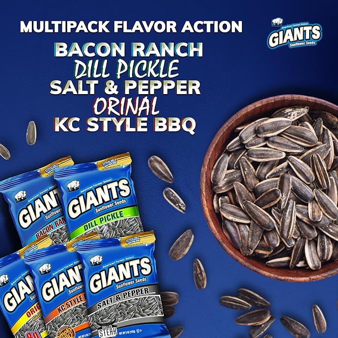 GIANTS Sunflower Seeds Variety Pack - Flavored Sunflower Seeds to Eat, Sunflower Seeds Bulk, Dill Pickle, Bacon Ranch, Salt & Pepper, Original, BBQ, High Protein Snack - 5 oz Bags (5 Pack)