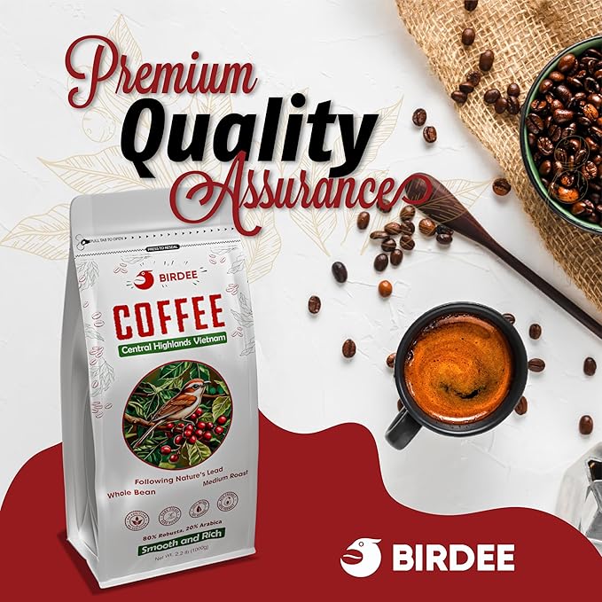 Birdee Vietnamese Coffee ??2.2 LB, Medium Roast Whole Bean, Arabica and Robusta Blend, Hand-Picked, Resealable Bag, Smooth Flavor, Low Acid, High Caffeine, Single-Origin
