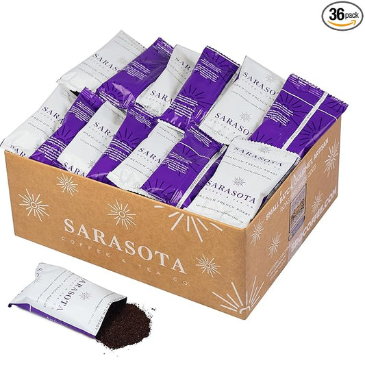 Sarasota Coffee Ground Packets | Low Acid Dark Roast Ground Coffee Packs | European French Roast | Mold Free Coffee Singles Packets | Ground Coffee Pouches | Individual Coffee Packets for 12 Cup Coffee Maker | 2.5 Ounce Bags, 36 Count