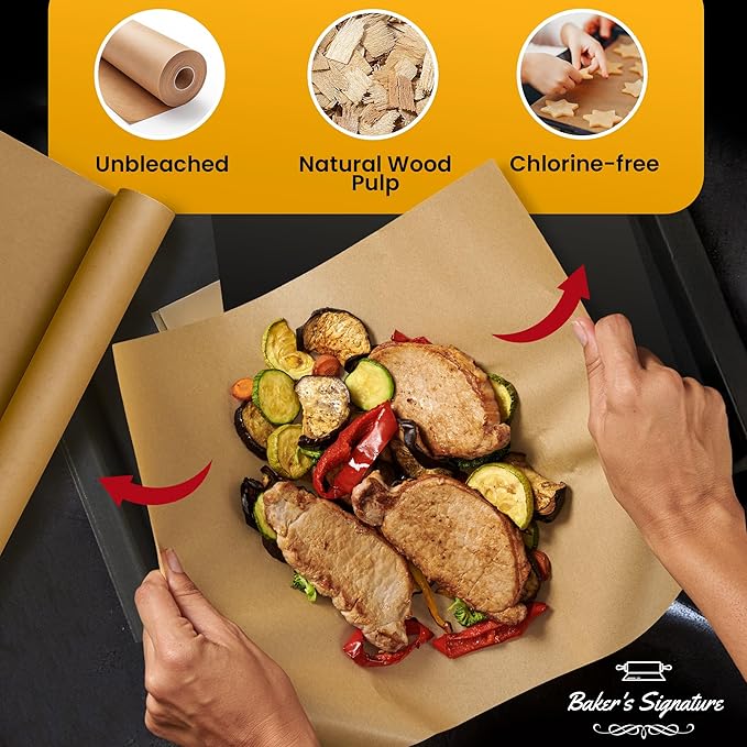 260 Sq.Ft Unbleached Parchment Paper for Baking ??Roll with Cutter, Heavy Duty Non-Stick Brown Parchment for Baking, Cooking, Grilling, Steaming and Air Fryer, 15in x 210ft by Baker?™s Signature